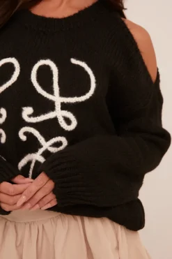 Rebellious Fashion Black Knit Contrast Stitch Round Neck Oversized Jumper - Oreta