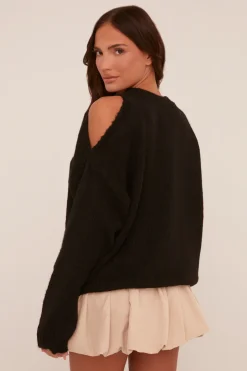 Rebellious Fashion Black Knit Contrast Stitch Round Neck Oversized Jumper - Oreta