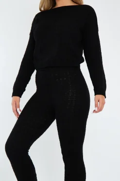 Rebellious Fashion Black Knit Cropped Jumper & Jogger Set - Kezzie