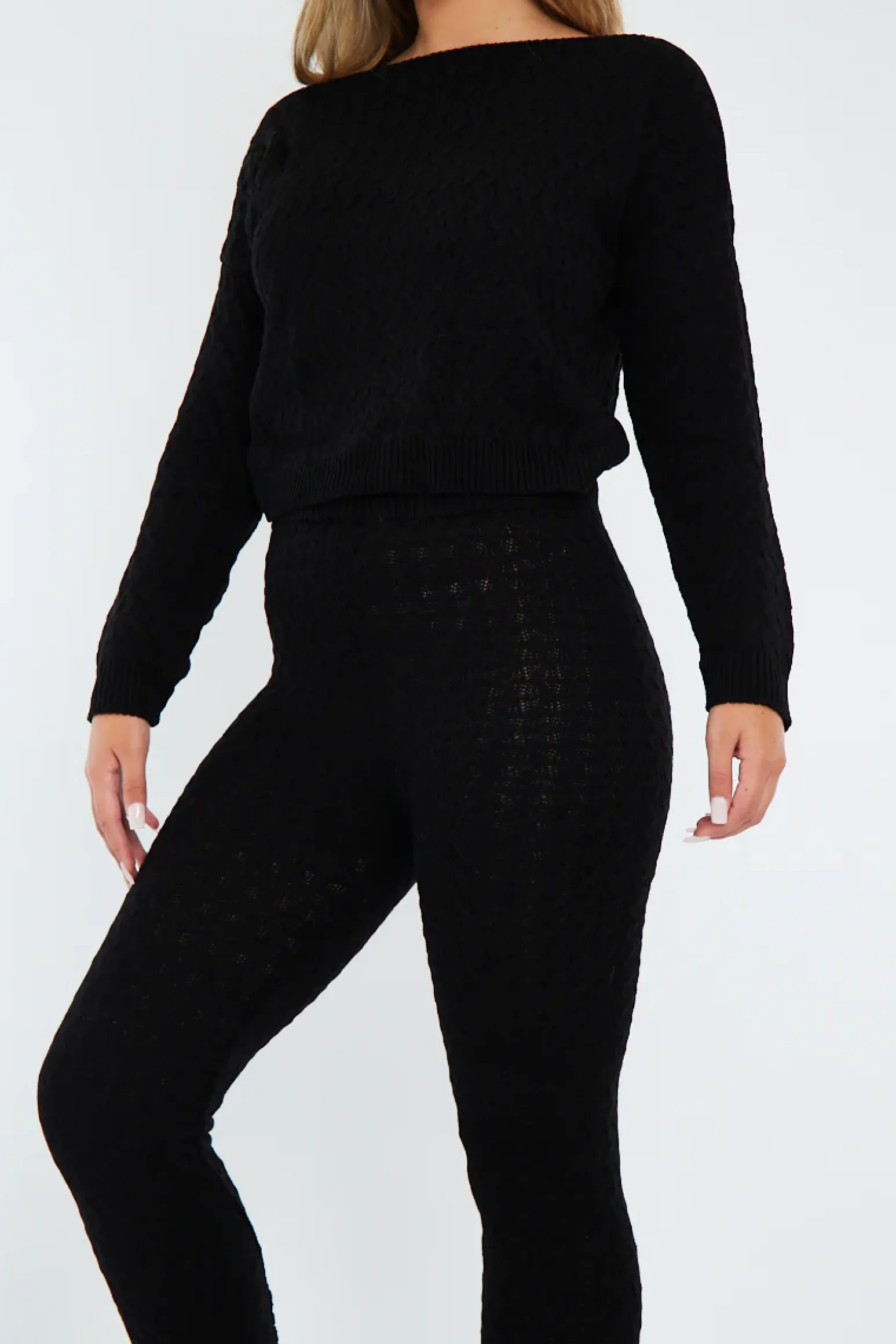 Rebellious Fashion Black Knit Cropped Jumper & Jogger Set - Kezzie