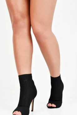 Rebellious Fashion Black Knit Detail Peep Toe Sock Boots - Halona