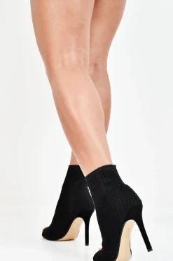 Rebellious Fashion Black Knit Detail Peep Toe Sock Boots - Halona