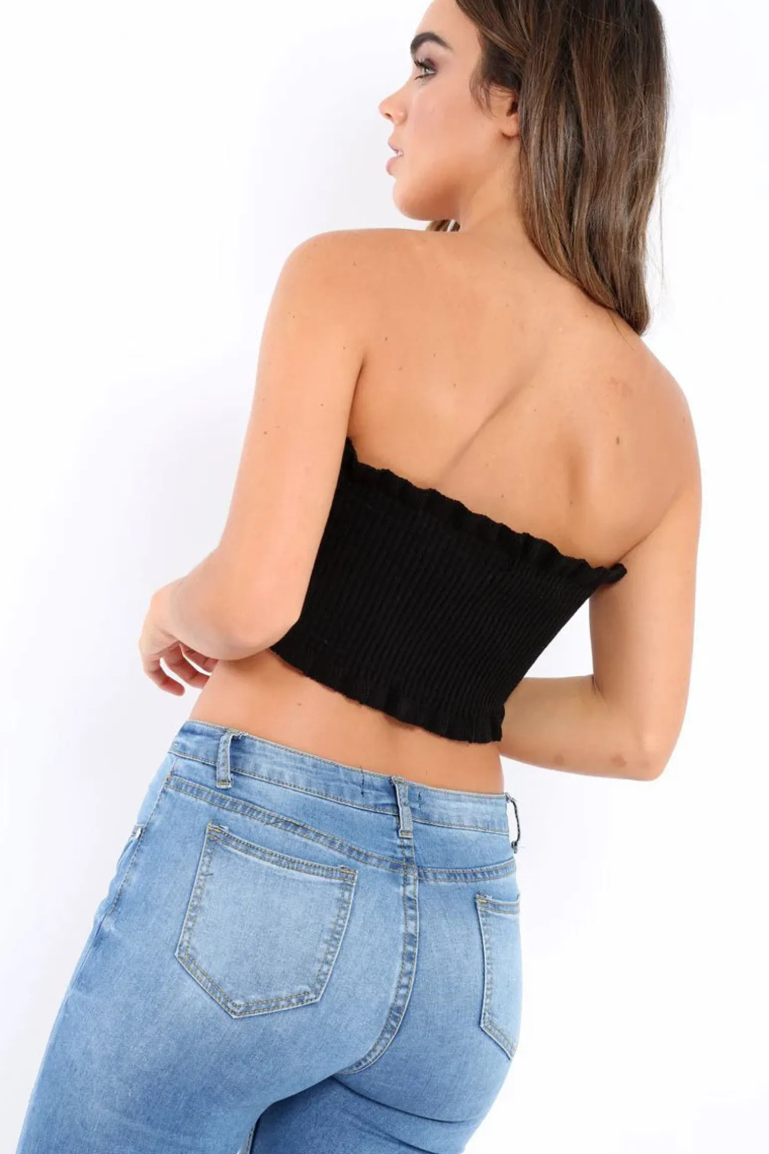 Rebellious Fashion Black Knit Frill Bandeau Crop Top - Poppy