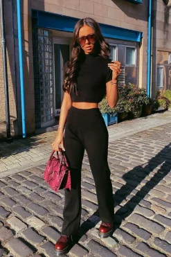 Rebellious Fashion Black Knit High Neck Crop Top and Trouser Co-ord - Helena