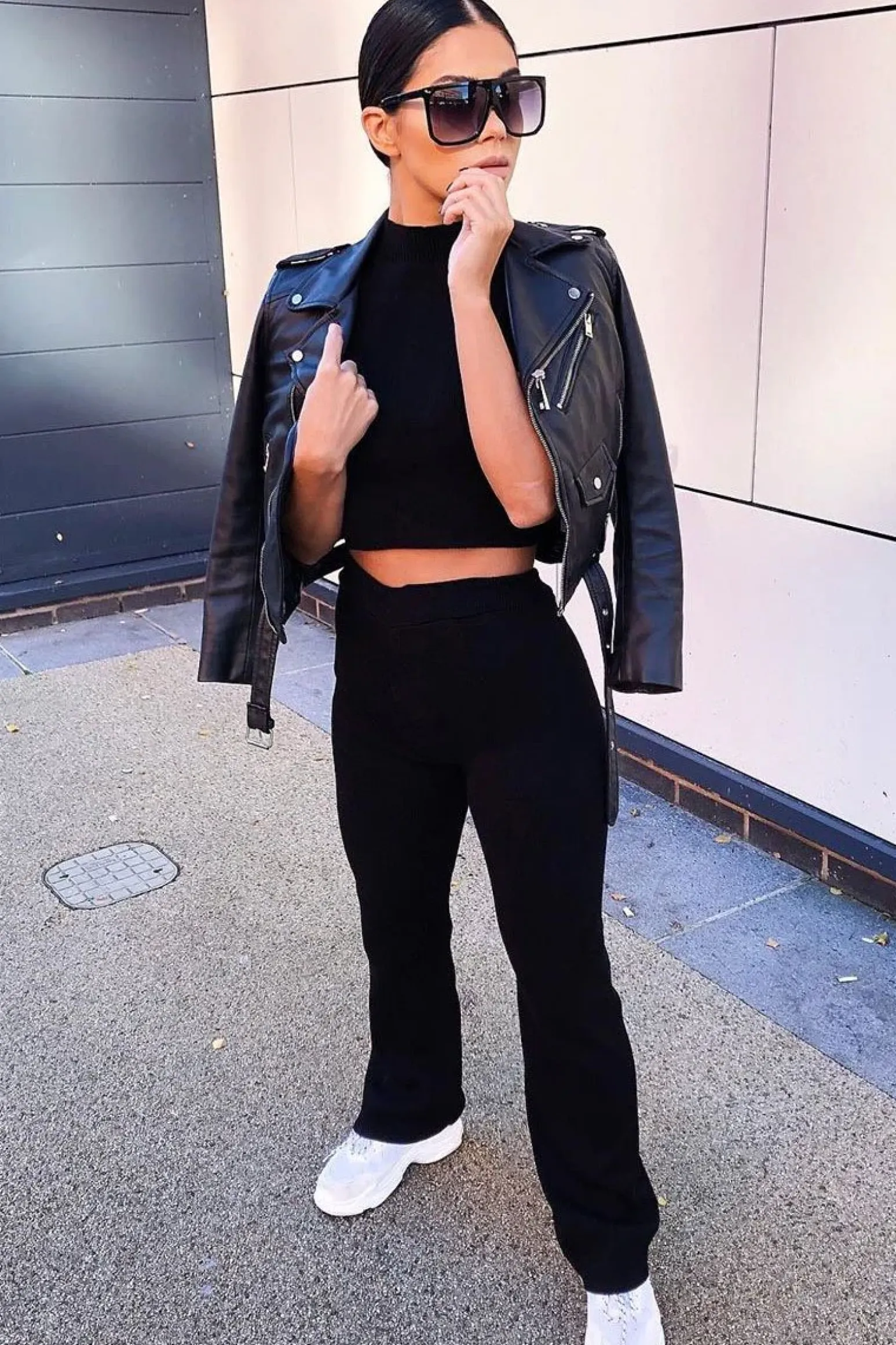 Rebellious Fashion Black Knit High Neck Crop Top and Trouser Co-ord - Helena