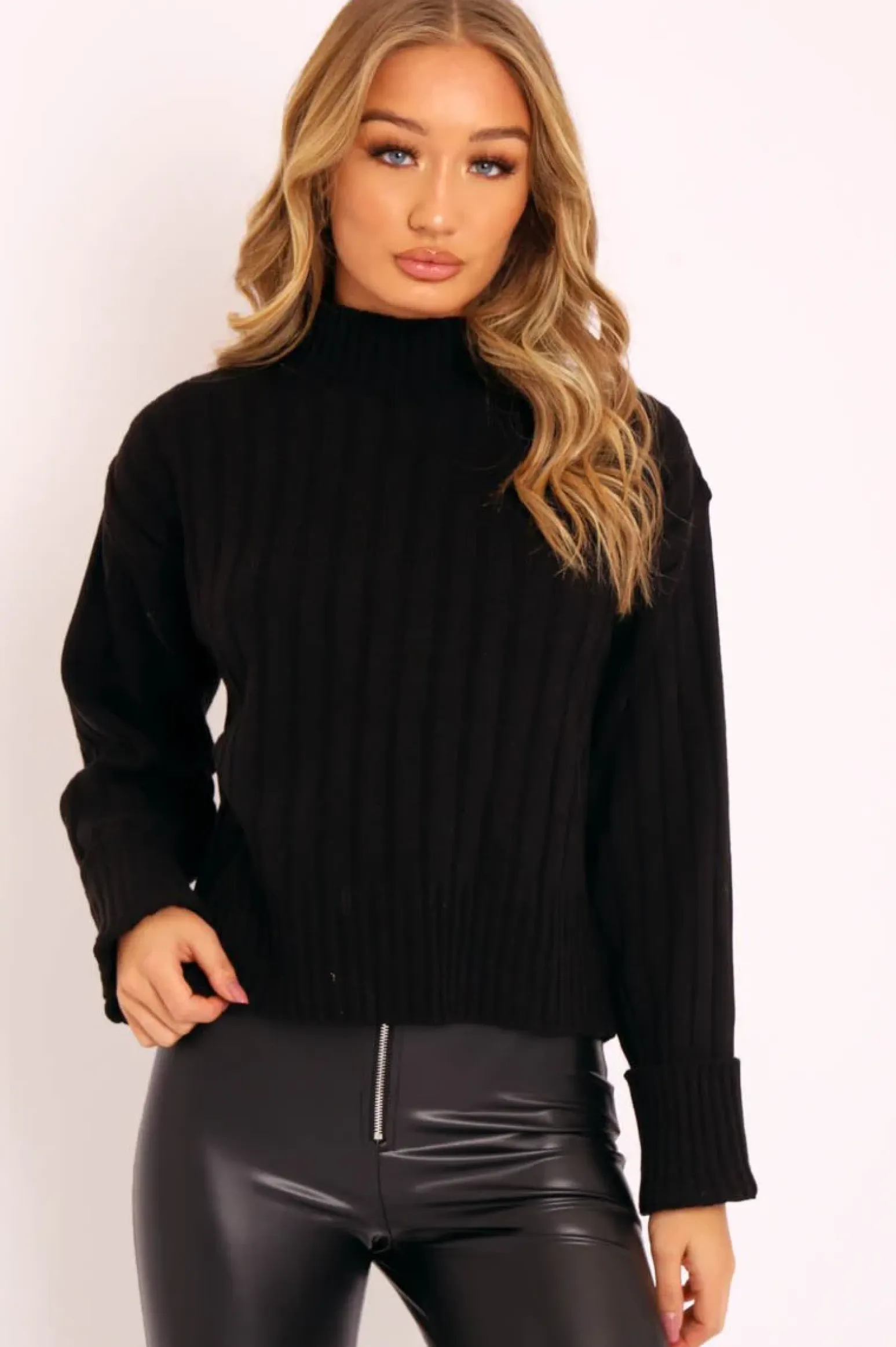 Rebellious Fashion Black Knit High Neck Jumper - Jaelynn