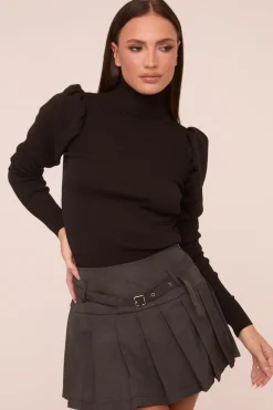 Rebellious Fashion Black Knit High Neck Puff Sleeve Jumper - Amanza
