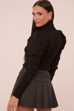 Rebellious Fashion Black Knit High Neck Puff Sleeve Jumper - Amanza