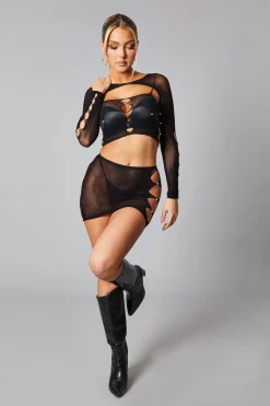 Rebellious Fashion Black Knit Pearl detail Cut Out Crop Top & Mini Skirt Set - Minato