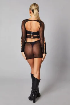 Rebellious Fashion Black Knit Pearl detail Cut Out Crop Top & Mini Skirt Set - Minato