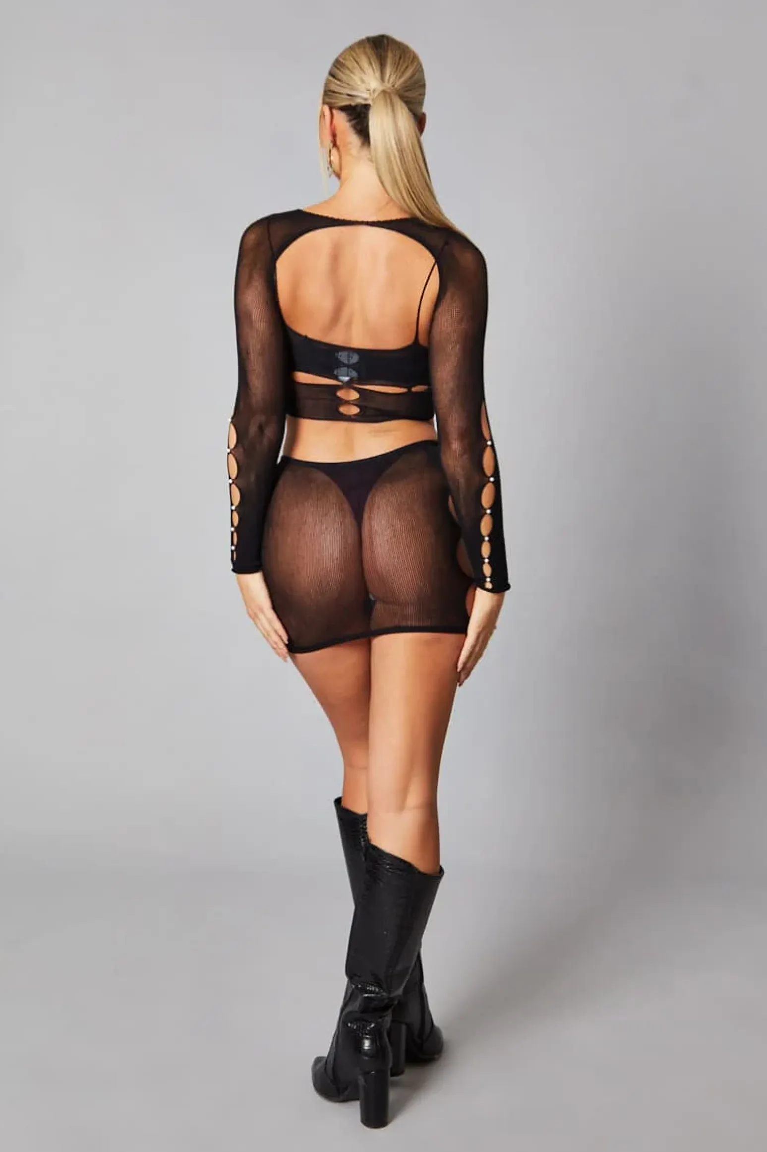 Rebellious Fashion Black Knit Pearl detail Cut Out Crop Top & Mini Skirt Set - Minato