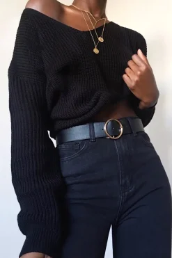Rebellious Fashion Black Knit Plunge Neckline Jumper - Roselie