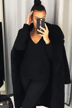 Rebellious Fashion Black Knit Plunge Neckline Jumper - Roselie