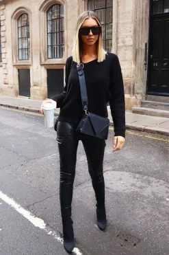 Rebellious Fashion Black Knit Plunge Neckline Jumper - Roselie