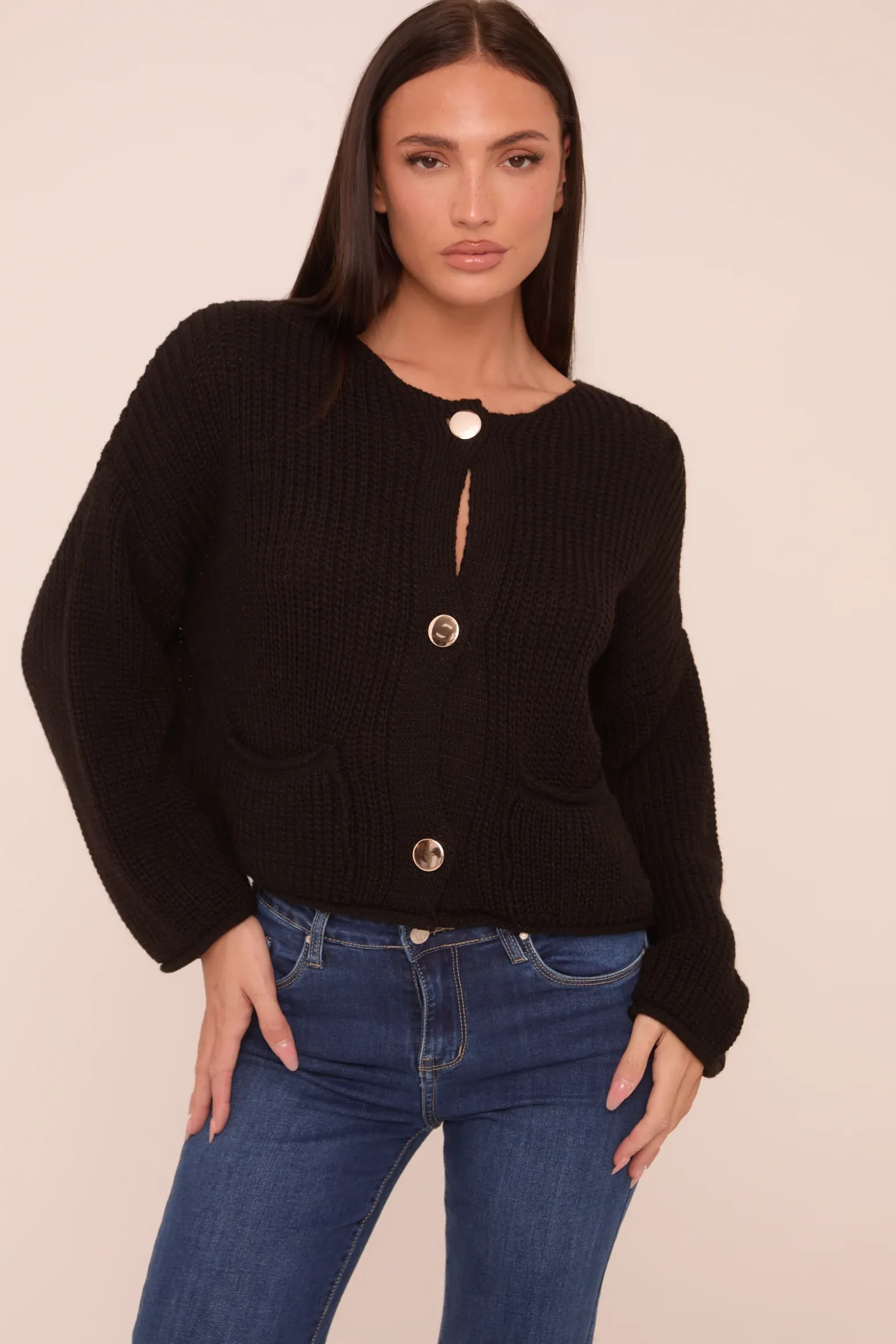 Rebellious Fashion Black Knit Round Neck Long Sleeves Cardigan - Edna