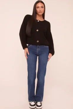 Rebellious Fashion Black Knit Round Neck Long Sleeves Cardigan - Edna