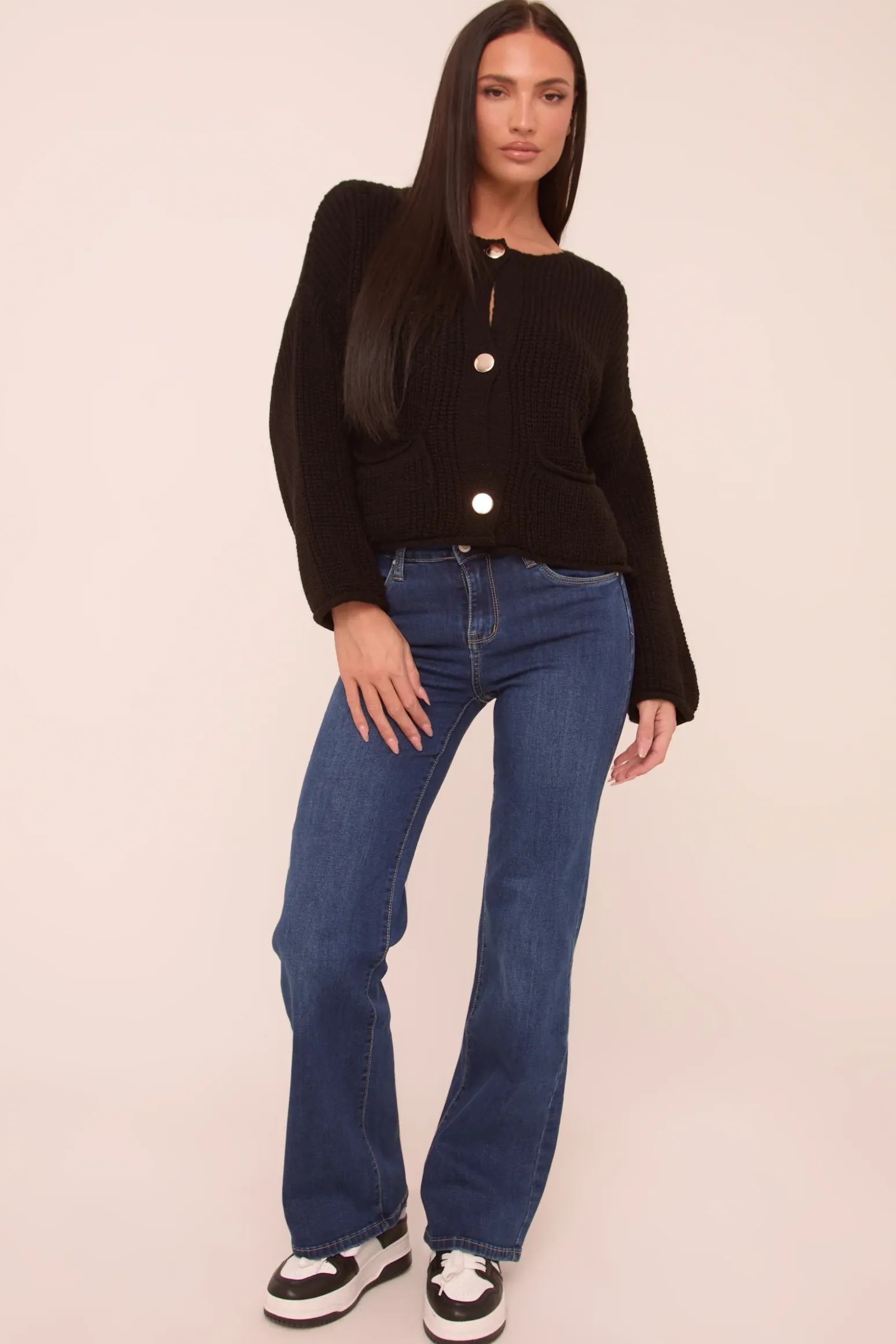 Rebellious Fashion Black Knit Round Neck Long Sleeves Cardigan - Edna