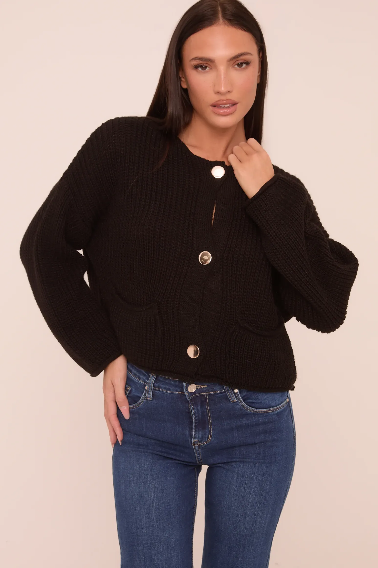 Rebellious Fashion Black Knit Round Neck Long Sleeves Cardigan - Edna