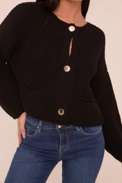 Rebellious Fashion Black Knit Round Neck Long Sleeves Cardigan - Edna