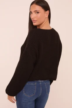 Rebellious Fashion Black Knit Round Neck Long Sleeves Cardigan - Edna