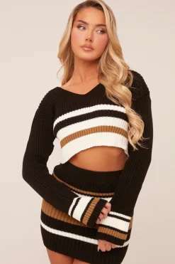 Rebellious Fashion Black Knit Striped Cropped Top & Mini Skirt Co-ord Set - Alonii