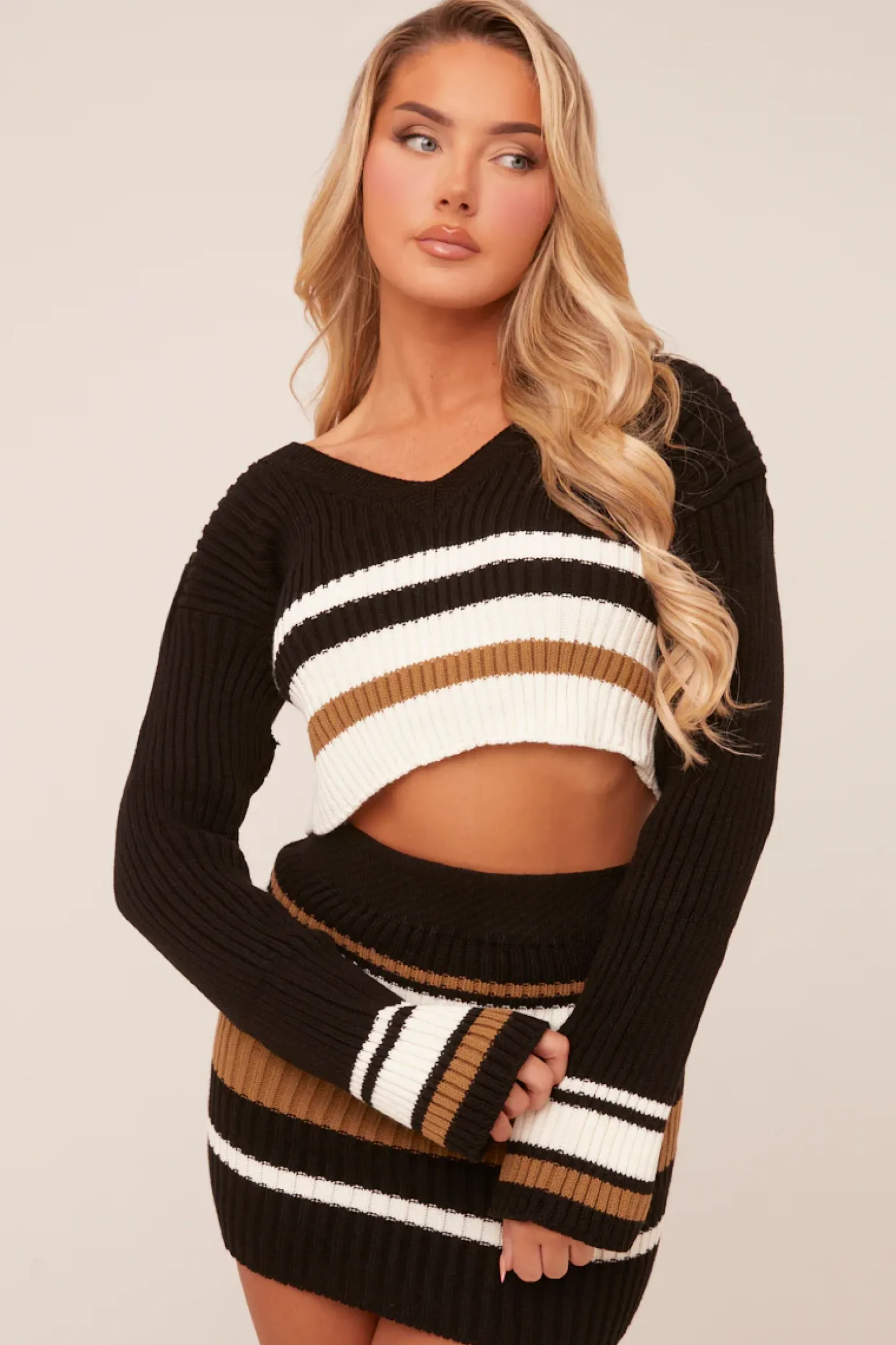 Rebellious Fashion Black Knit Striped Cropped Top & Mini Skirt Co-ord Set - Alonii