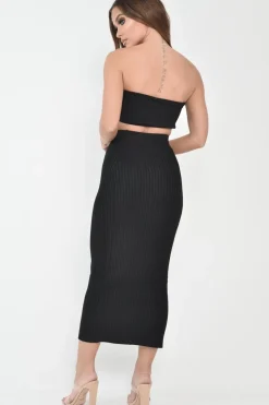 Rebellious Fashion Black Knitted Bandeau And Skirt Co-Ord - Sidra