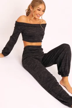 Rebellious Fashion Black Knitted Bardot Top and Oversized Joggers Loungewear Co-ord - Lorel