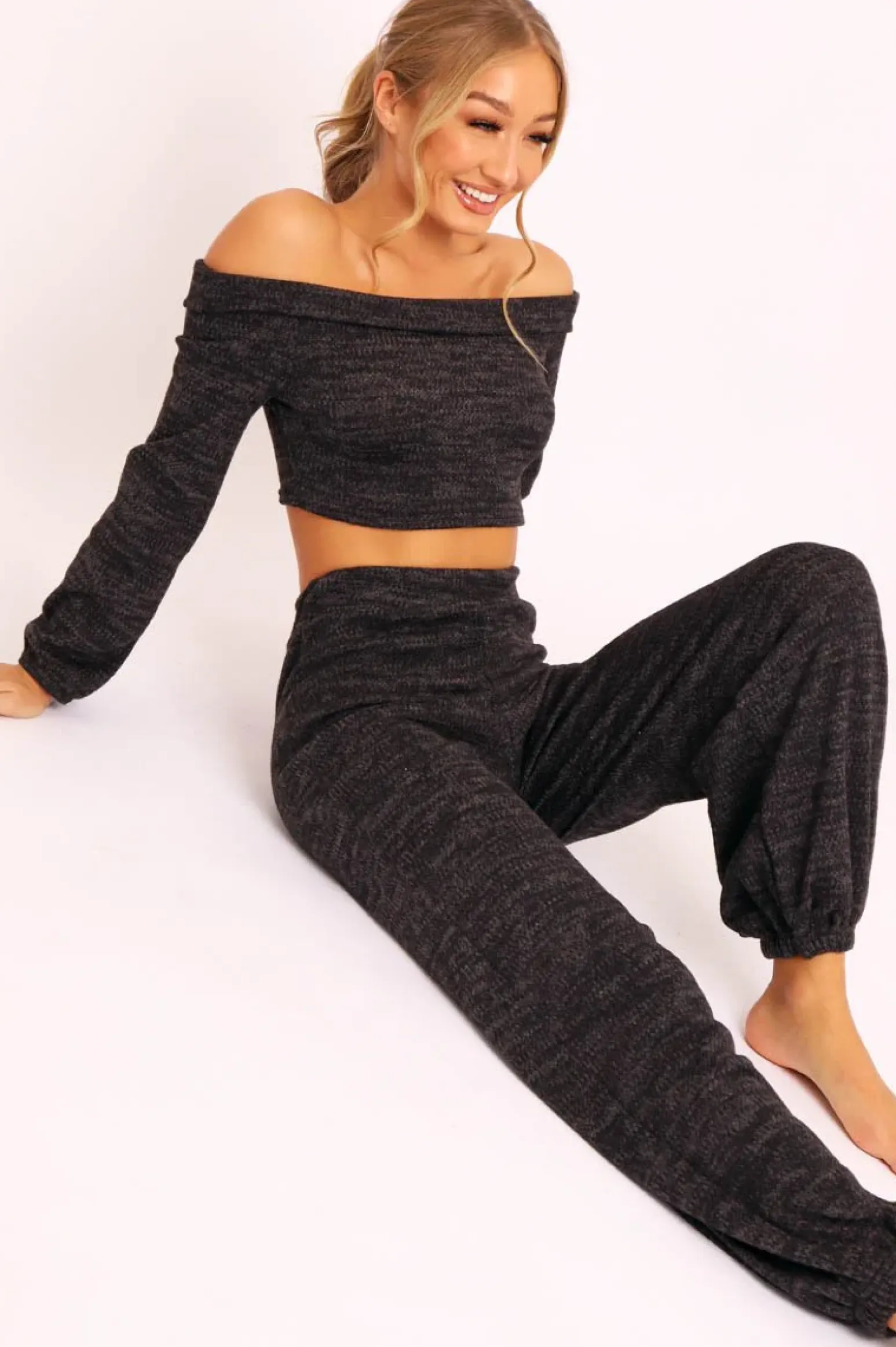 Rebellious Fashion Black Knitted Bardot Top and Oversized Joggers Loungewear Co-ord - Lorel