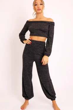 Rebellious Fashion Black Knitted Bardot Top and Oversized Joggers Loungewear Co-ord - Lorel