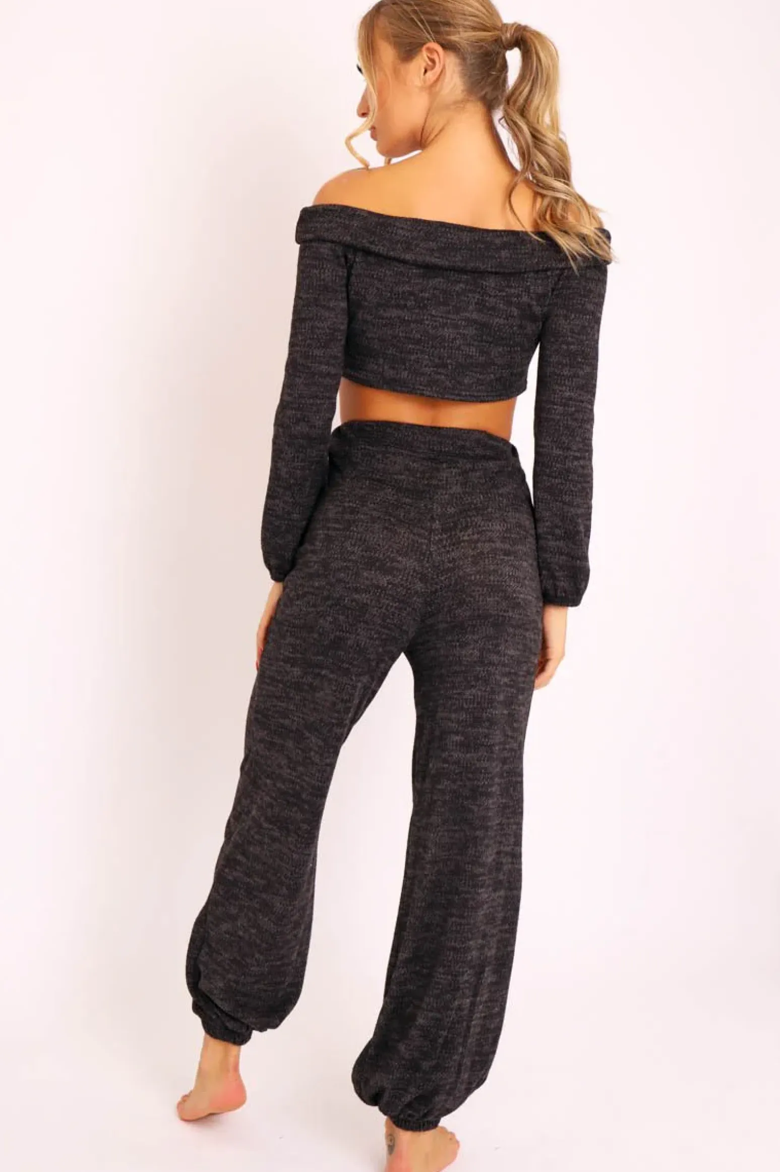 Rebellious Fashion Black Knitted Bardot Top and Oversized Joggers Loungewear Co-ord - Lorel