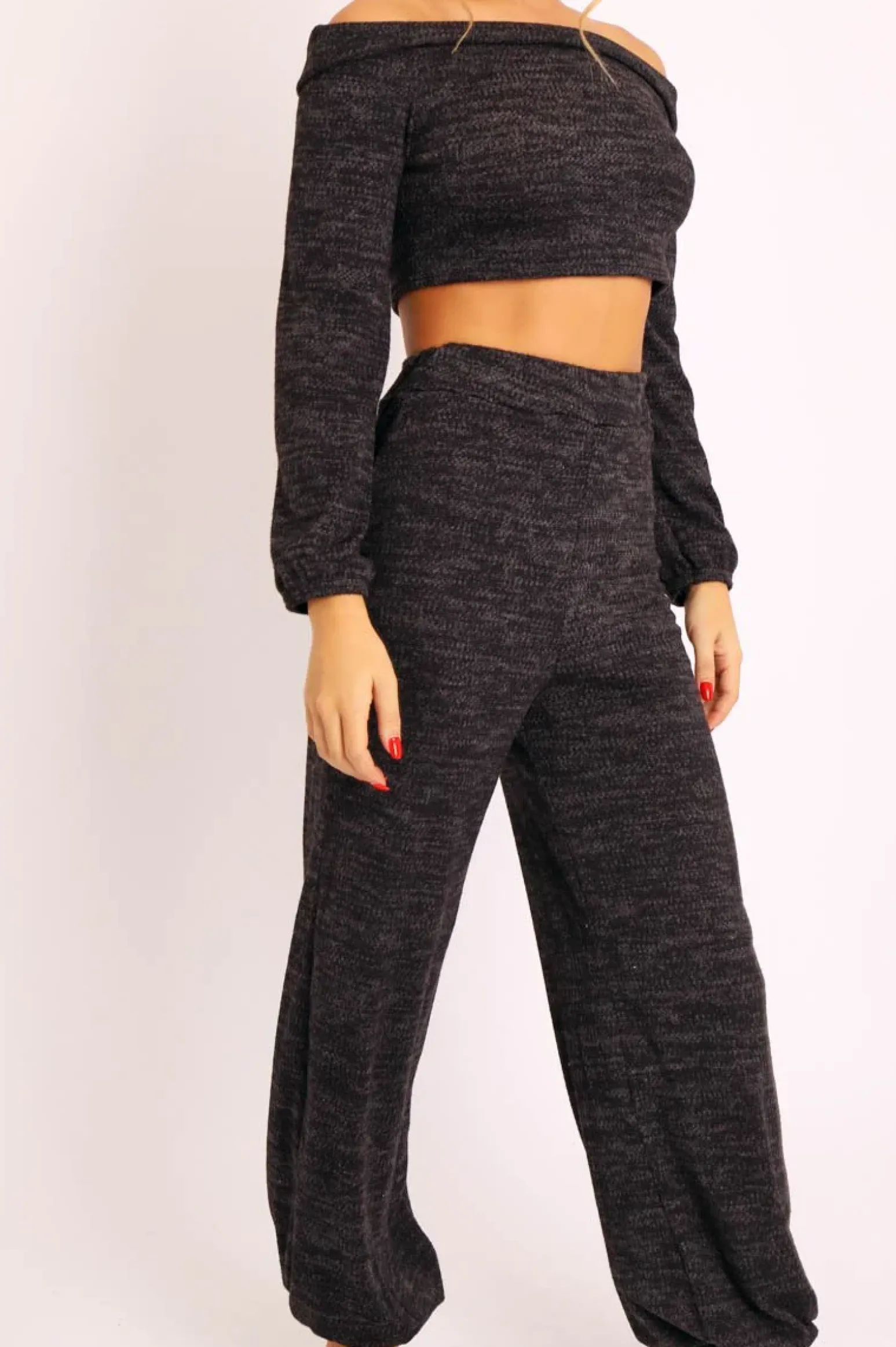 Rebellious Fashion Black Knitted Bardot Top and Oversized Joggers Loungewear Co-ord - Lorel