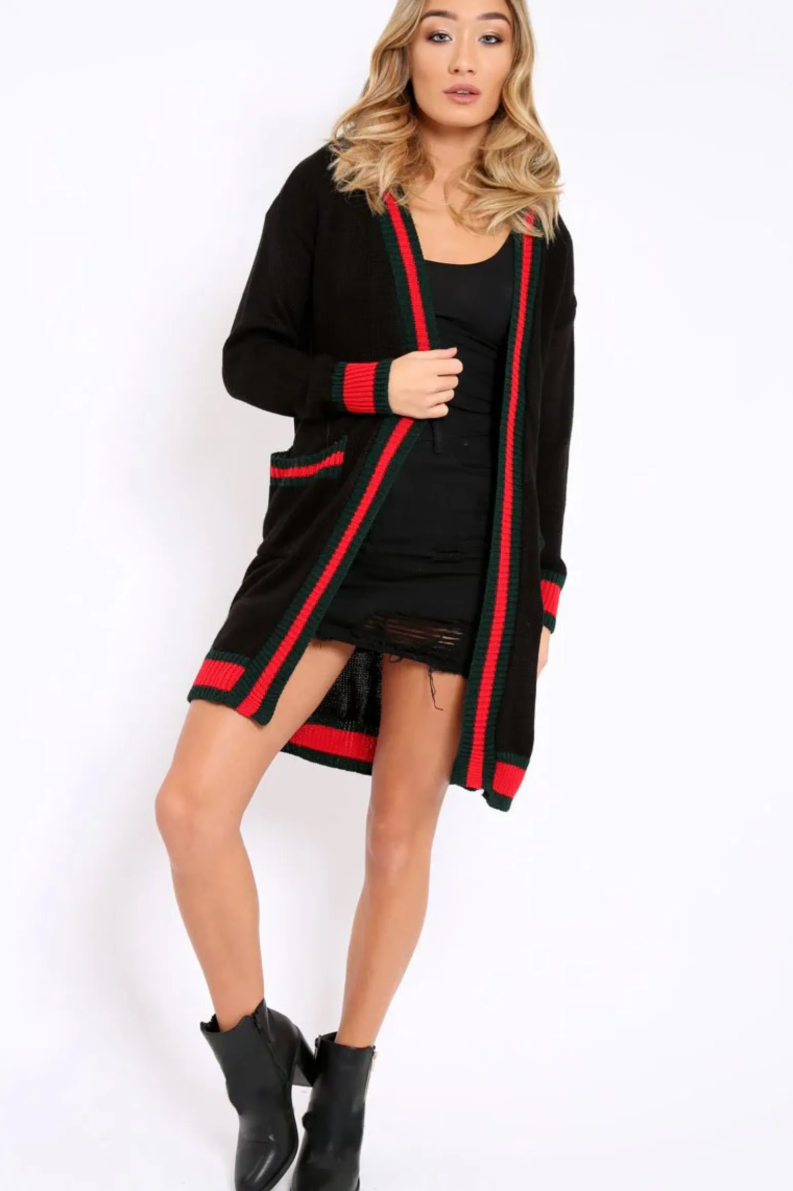 Rebellious Fashion Black knitted Cardigan with Striped Trim - Ivy