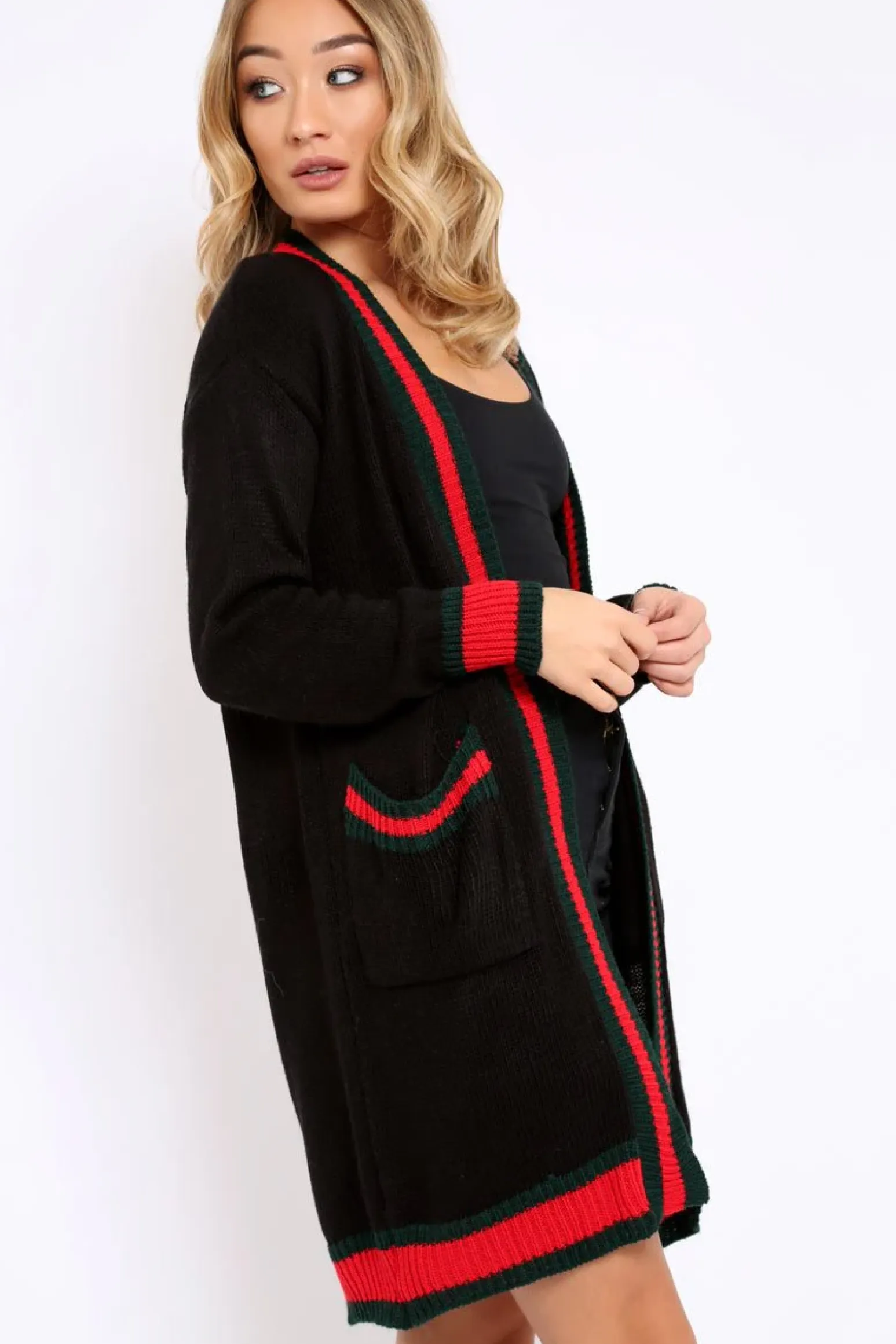 Rebellious Fashion Black knitted Cardigan with Striped Trim - Ivy