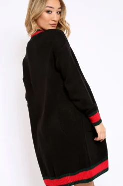 Rebellious Fashion Black knitted Cardigan with Striped Trim - Ivy