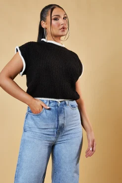 Rebellious Fashion Black Knitted Contrast Edge Cropped Top - Bethany