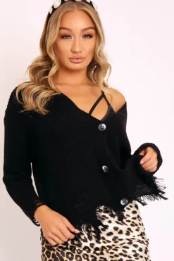 Rebellious Fashion Black Knitted Distressed Button Front Cardigan - Trudie