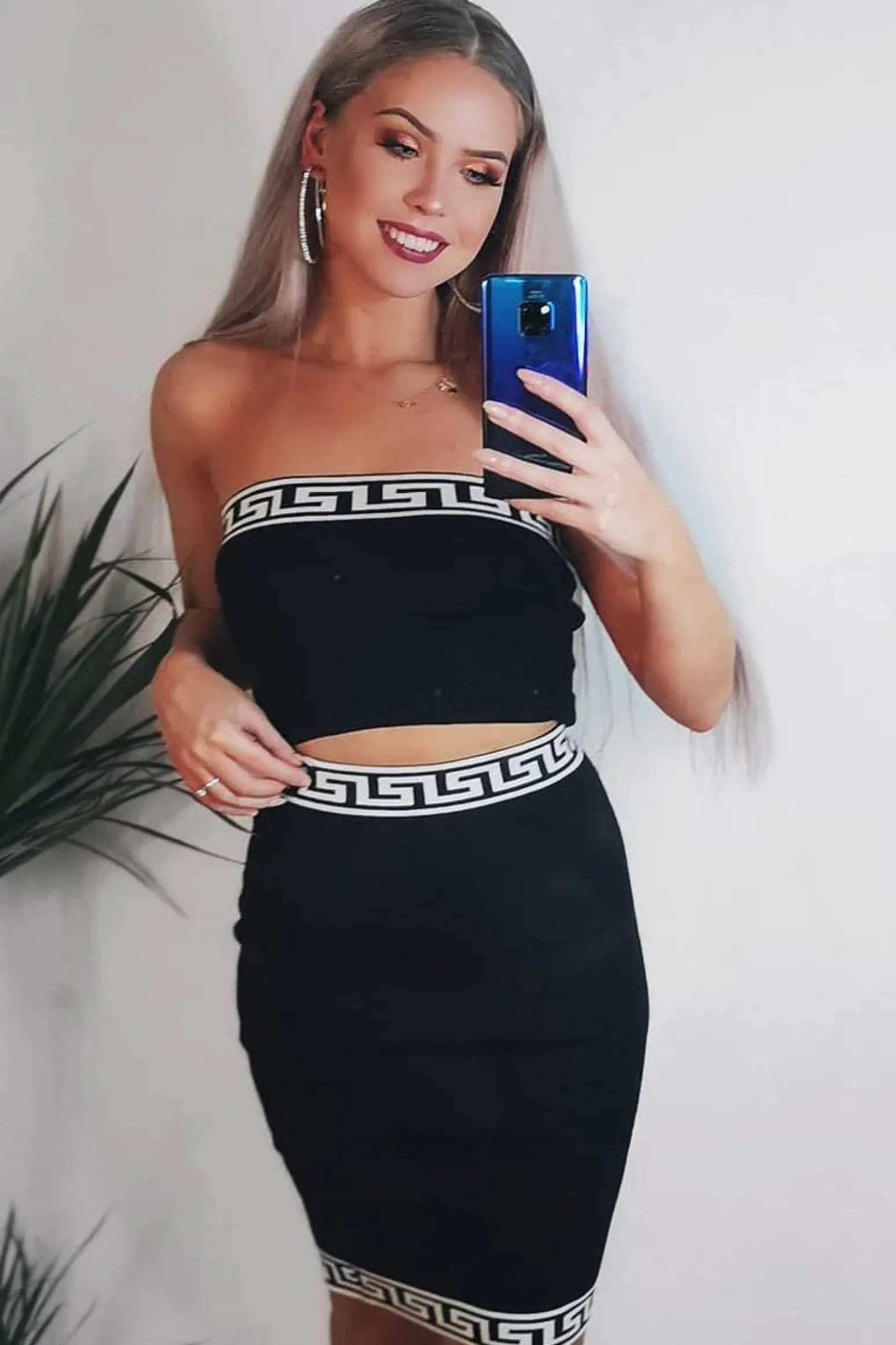 Rebellious Fashion Black Knitted Greek Trim Bandeau Skirt Co-Ord - Caeli