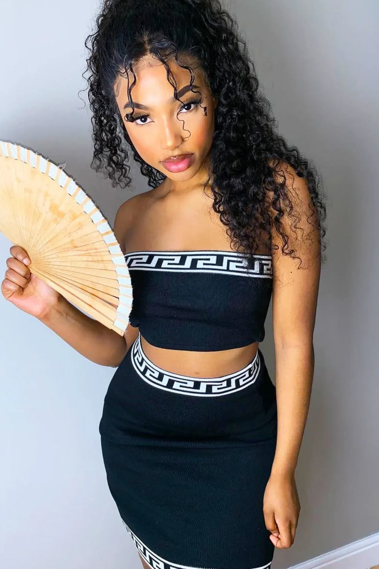 Rebellious Fashion Black Knitted Greek Trim Bandeau Skirt Co-Ord - Caeli
