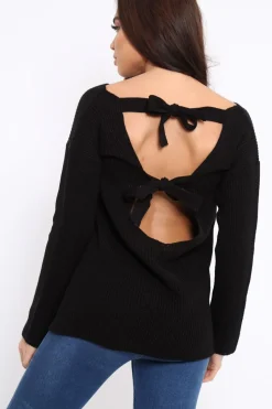 Rebellious Fashion Black Knitted Jumper with Bow Back - Oliviah