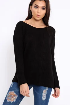 Rebellious Fashion Black Knitted Jumper with Bow Back - Oliviah