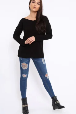 Rebellious Fashion Black Knitted Jumper with Bow Back - Oliviah