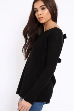 Rebellious Fashion Black Knitted Jumper with Bow Back - Oliviah