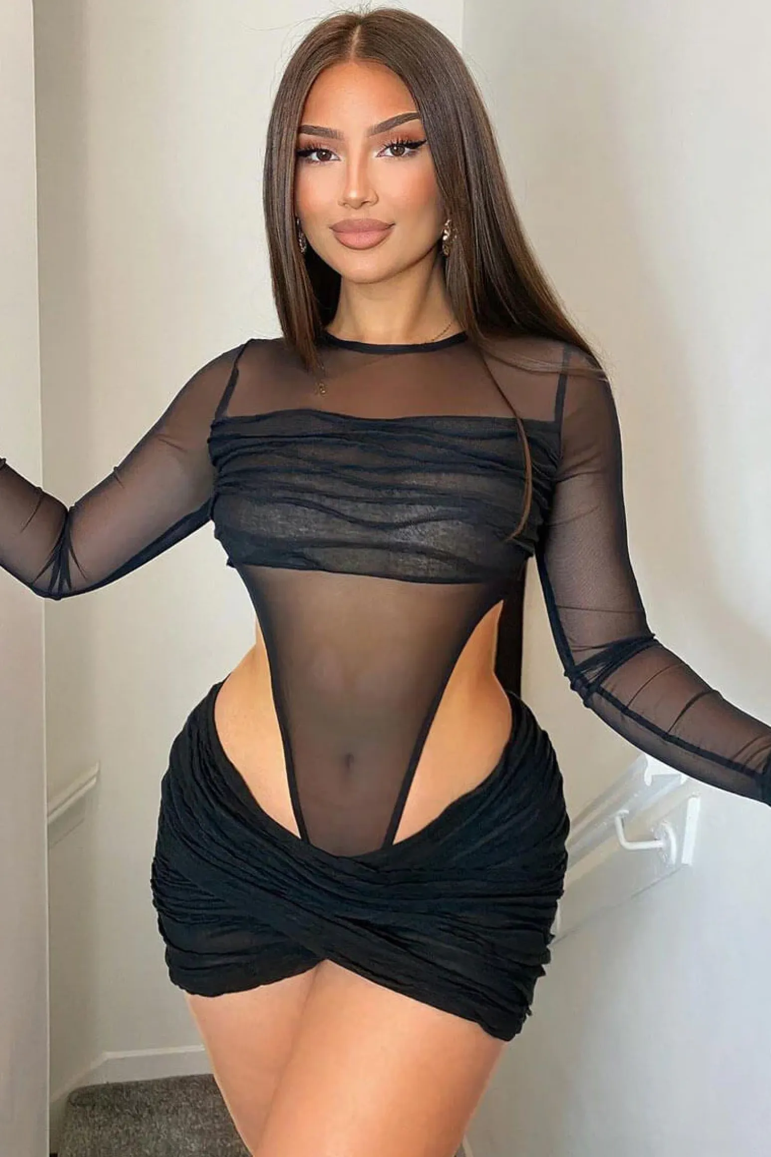 Rebellious Fashion Black Knitted Mesh Bodysuit & Wrap Mini Skirt Set - Hailey