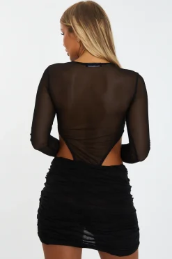 Rebellious Fashion Black Knitted Mesh Bodysuit & Wrap Mini Skirt Set - Hailey