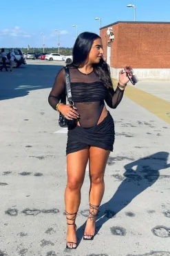 Rebellious Fashion Black Knitted Mesh Bodysuit & Wrap Mini Skirt Set - Hailey