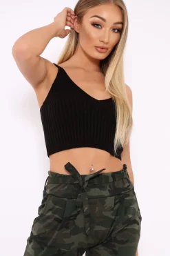 Rebellious Fashion Black Knitted Plunge Front Vest Top - Jenova