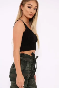 Rebellious Fashion Black Knitted Plunge Front Vest Top - Jenova