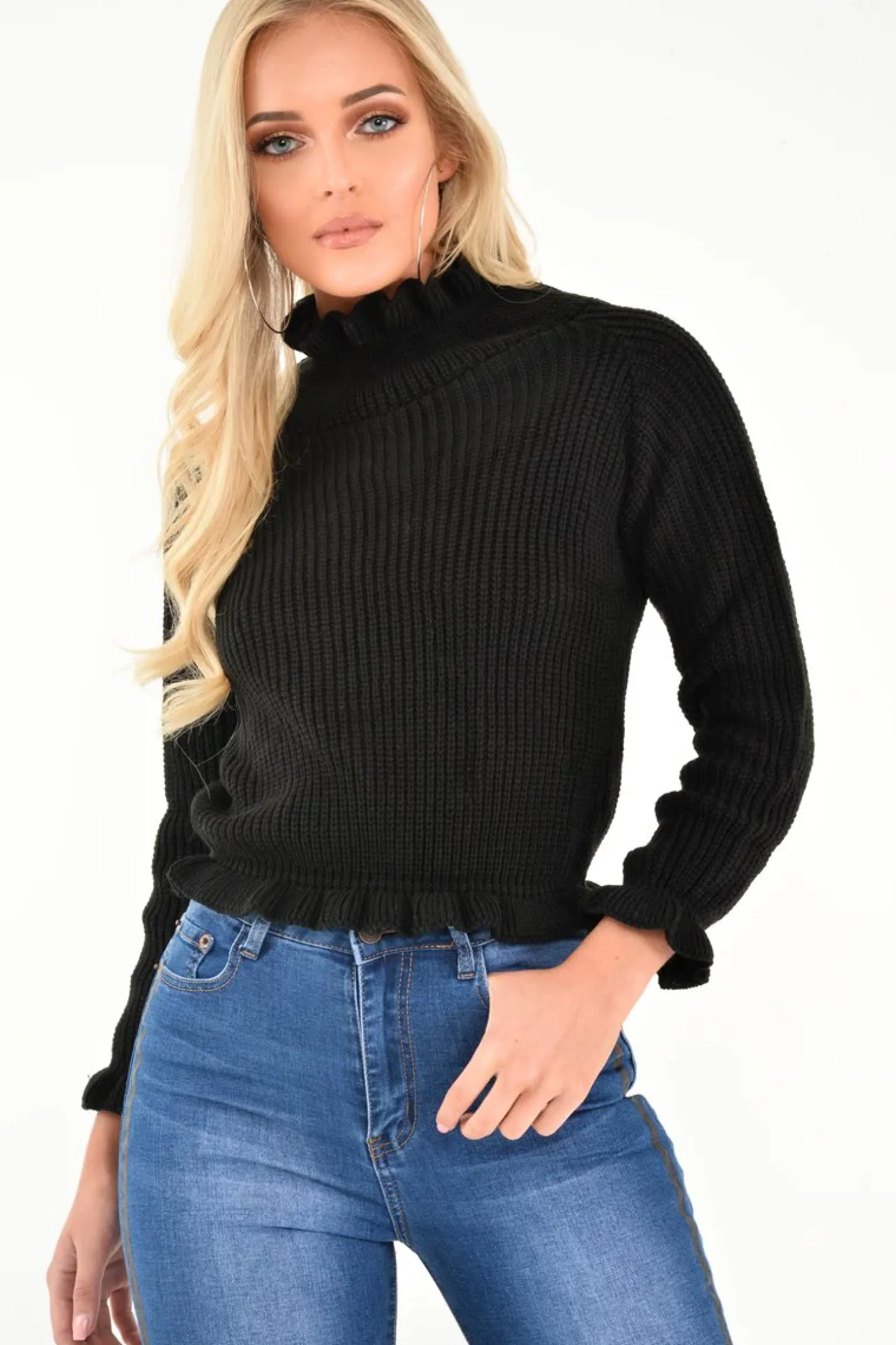 Rebellious Fashion Black Knitted Ruffle Jumper with Elasticated hems - Eve