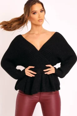 Rebellious Fashion Black Knitted Wrap Front Plunge Peplum Jumper - Samara
